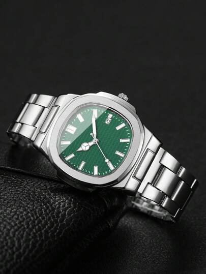 1pc Minimalist Square Dial Calendar Stainless Steel Strap Quartz Wrist Watch, Business (Watch Box Not Included) view 9