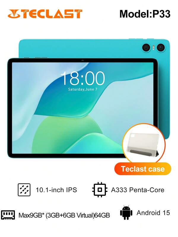 Teclast Teclast P33 New Tablet ,Android 15 10.1 InchIPS, 1280X800 Resolution,Allwinner A333 Penta- Core, 9GB* (3GB+6GB Virtual Extension)64GB Storage ,WIFI ,6000mAhType-C Charging, Rear 5MP Front 2MP Dual HD Cameras, Limited Time Offer Free Ramdom Leather Case