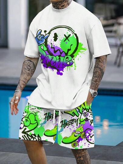 2pcs Men's Summer Casual Set, Colorblock Short Sleeve Round Neck T-Shirt & Drawstring Shorts Set, Beach Shorts, Sports Exercise Outfit