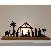 Juegos de Nacimiento para decoración navideña interior, Escena del Nacimiento de metal negro con base de madera y figuras, Decoraciones del Juego de Nacimiento para Navidad, Hogar, Mesa y Estantería