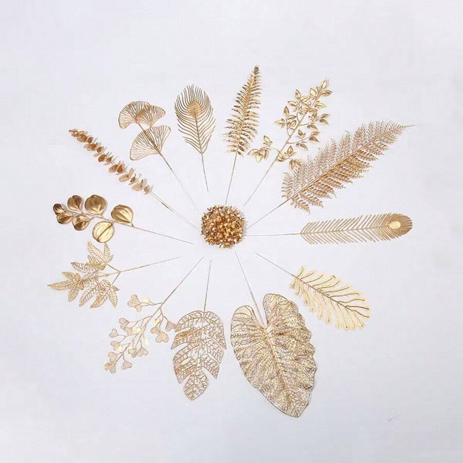12 Peças Folha de Ouro Artificial Decoração de Casa e Casamento DIY Planta Artificial Decoração de Natal