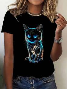 Plus Size Women's Round Neck Cat Print Casual Short Sleeve T-Shirt, Summer - Black - View 3