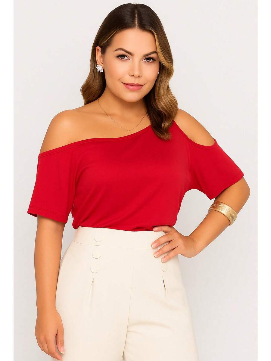 Women's Basic Viscolycra Blouse Round Neck Baby Look Short Sleeve - Red - View 1