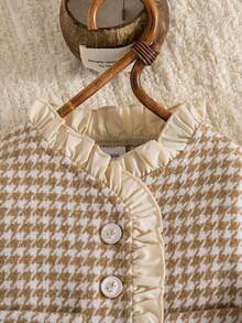 秋冬女宝宝优雅荷叶边卡其色千鸟格复古夹克和卡其色褶皱围裙法式连衣裙