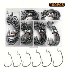 100 Stücke Angelhakenset - Hochfeste Kohlenstoffstahl gebogene Haken mit Widerhaken, breitlückige versetzte Haken, geeignet für Süß- und Salzwasser, messerscharfe abgewinkelte Haken für Barschfischen - mit Aufbewahrungsbox