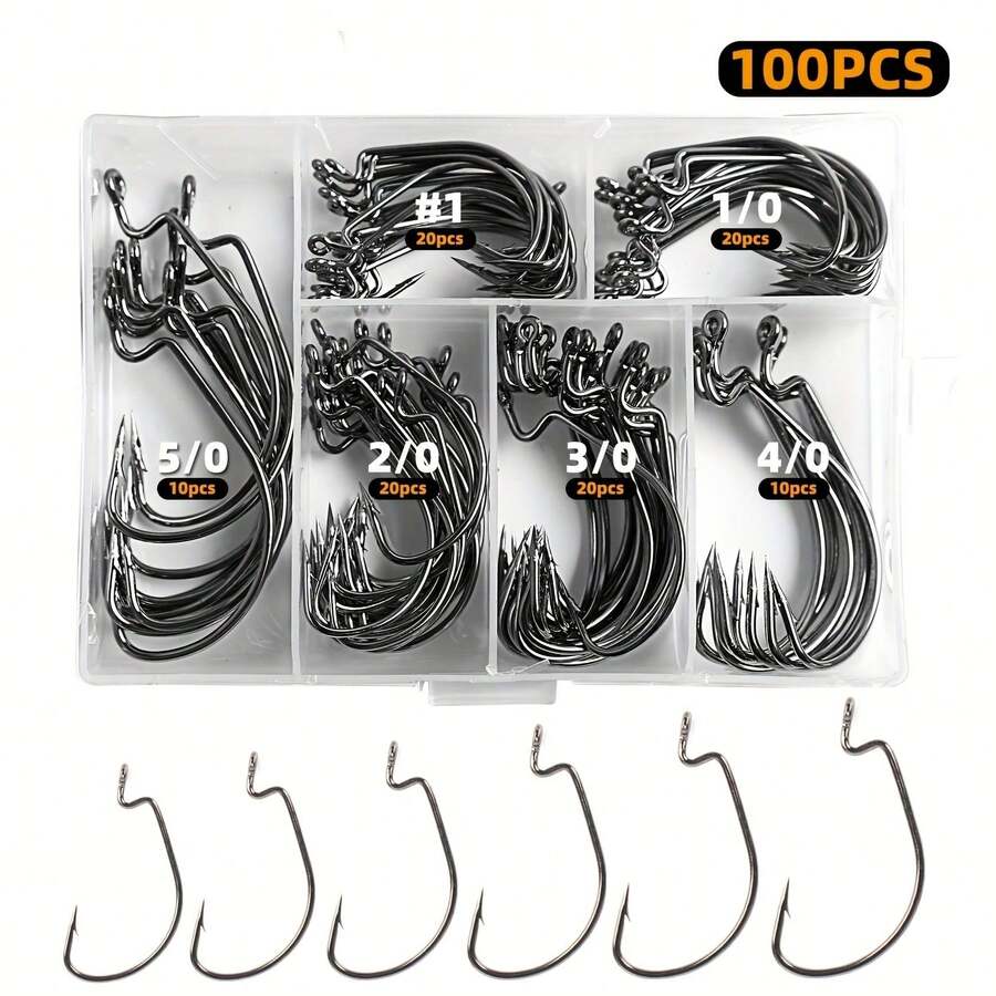 100 Stücke Angelhakenset - Hochfeste Kohlenstoffstahl gebogene Haken mit Widerhaken, breitlückige versetzte Haken, geeignet für Süß- und Salzwasser, messerscharfe abgewinkelte Haken für Barschfischen - mit Aufbewahrungsbox