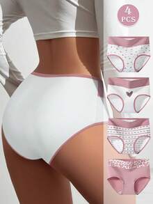4-Piece Set Of Pink Hearts Underwear Women High Waist Comfort Ropa Interior De Mujer Autumn And Winter Seasons Cotton Underwear Women High Quality Panties For Women - 彩色 - 查看 4