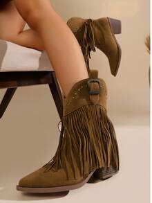 Western Style Boho Buckle Decor Fringe Rivet Wedge Slip-On Loafers, Versatile Western Ankle Boots, Solid Color Boots - Dark Brown - View 5