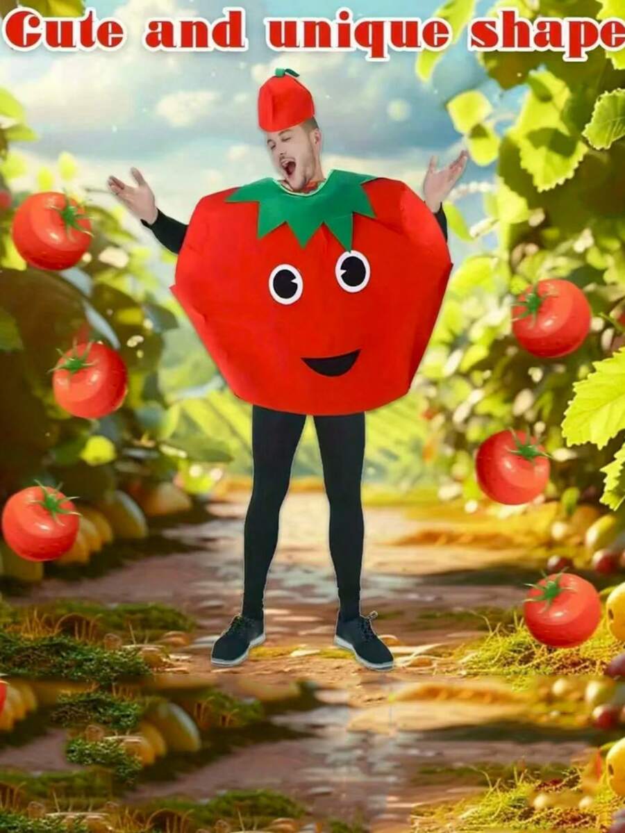 Fun Tomato Costume Set (With Headwear) Fo22pcs/R Both Men And Women, Fruit-Themed Cosplay Costume, Lightweight And Breathable Fabric, Eye And Mouth Design, Essential For Halloween, Book Day, Role-Playing And Theme Parties, Funny Character Design, Small Leaf Details, Durable Vegetable Shape, Exclusive For Enthusiasts