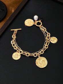 1pc Double-Layer Green Crystal & Waterdrop Pearl Decor Chain Bracelet, Suitable For Daily Wear - Gold - View 4