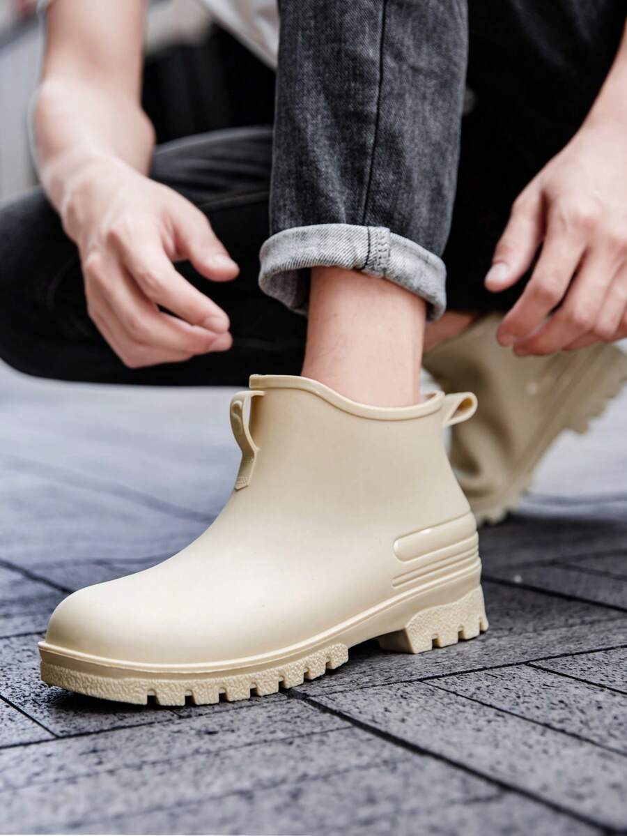 男士低帮防水雨靴，防滑短筒钓鱼水鞋，低帮防水鞋，男女学生青少年适用，橡胶靴 - 米色 - 查看 1