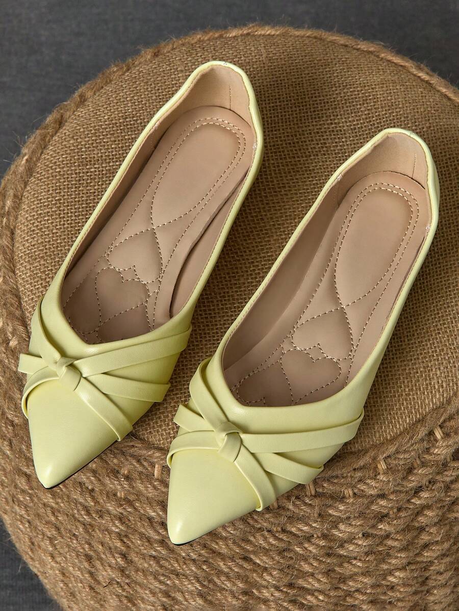 WHDXY 1 双女士平底鞋，纯色扭结乐福鞋，尖头工作鞋，舒适的一脚蹬平底鞋，适合办公室通勤，四季皆宜 - 檸檬黃 - 查看 1