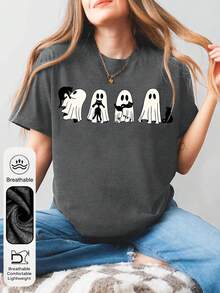 Women's Summer Halloween Black Cat And Ghost Graphic Print Round Neck Short Sleeve Simple Casual Everyday T-Shirt Top, Halloween Ghost Women's Top, Cat Lover Women's Summer Clothing, Cute Ghost And Cat Summer Top - Dark Grey - View 2