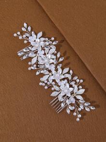 Rhinestone & Flower Decor Elegant Bridal Hair Comb For Wedding Tiaras Valentine's Day Accessories - Silver - View 3