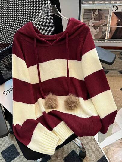 Casual Striped Hooded Fuzzy Ball Pullover Sweater, Versatile Loose FitSlouchye, Autumn/Winter
