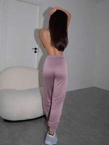 Pantalones De Cintura Alta Para Mujer Con Bolsillos En Diagonal Y Costura al frente - Morado claro - Ver 3