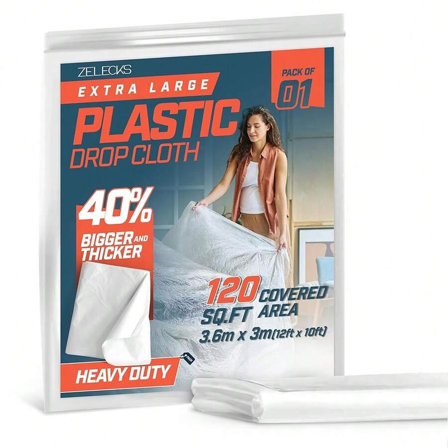 12 X 10 FT 1 Pack Extra Large Painter's Drop Cloth - Light And Durable Dust Cover - Clear Plastic Sheet - Paint Drop Cloth - Floor Protector-169028 - 重型-1 包 - 查看 1