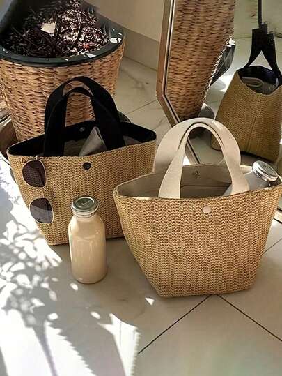 Bohemian Style Woven Tote Bag - Large Black Handbag For Beach, Camping & Outdoor Activities, Durable Fabric With Magnetic Closure, Ideal For Women'S Adventure, Beach Bag, Boho, Woven Bag