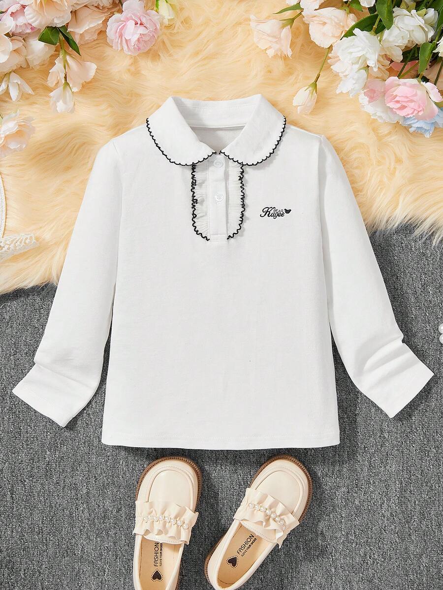Girls' Polo Shirt, Casual Elegant Ruffle Embroidery Peter Pan Collar Children Long Sleeve T-Shirt, Suitable For 3-12 Years Old Girls, Elementary School Uniform, Preppy Style Collared Long Sleeve Top, Spring Autumn Winter Outerwear - White - View 1