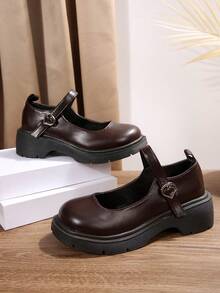 时尚年轻女鞋，舒适一脚蹬乐福鞋，高品质棕色厚底PU皮女鞋，JK学院风小皮鞋，女式厚底平底鞋，穆勒鞋 - 棕色 - 查看 6