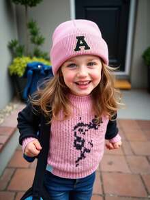 1 st barn A-Ö 26 bokstäver tryck stickad mössa, mjuk varm höst vinter huvudbonad för baby tonårsflickor daglig användning födelsedagspresent - Rosa - Visa 4