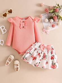 2pcs Baby/Toddler Girls' Cute Flare Sleeve Ribbed Long Sleeve Bodysuit And Bowknot Floral Print Skirt Casual Outfit Set