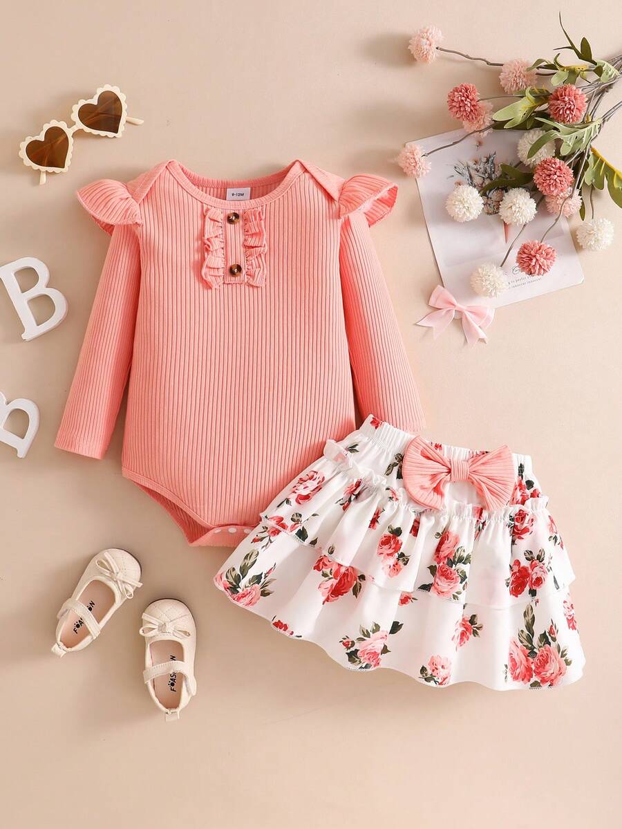 2pcs Baby/Toddler Girls' Cute Flare Sleeve Ribbed Long Sleeve Bodysuit And Bowknot Floral Print Skirt Casual Outfit Set
