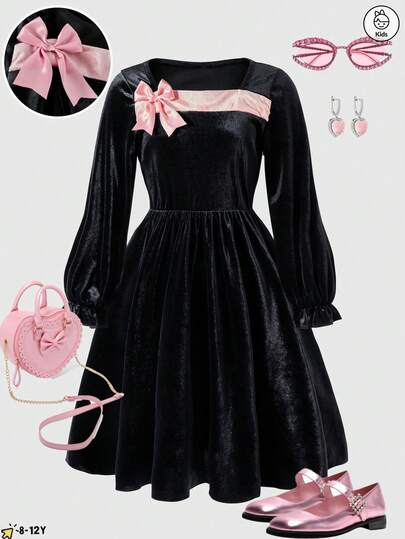 优雅甜美女孩秋冬圣诞天鹅绒连衣裙，简约黑玫粉色撞色肩带蝴蝶结连衣裙，适合生日、派对、户外旅行，也可作为礼物送给孩子