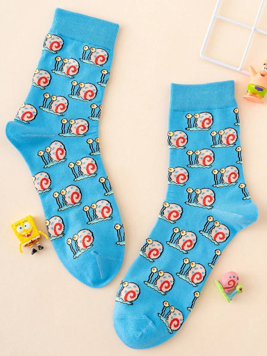 SpongeBob SquarePants 1双男女通用可爱卡通蜗牛图案提花中筒袜,运动风,四季皆宜,欧美尺码,舒适透气耐穿,色彩鲜艳,适合日常穿着,优质面料,不闷热 - 彩色 - 查看 1
