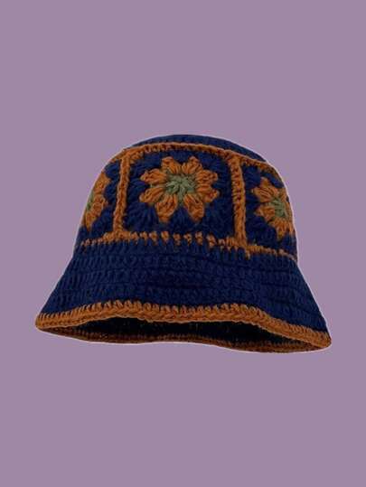 1 szt. Damski, prosty, dzianinowy kapelusz rybaka, nowy, jesienny styl, ręcznie haftowany, kapelusz typu bucket, uniwersalny, odpowiedni na zewnątrz, na ulicę, w stylu vintage, na piesze wędrówki, na kemping, na spacery, w podróż, do codziennego noszenia
