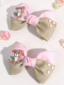 2 件粉色和卡其色蝴蝶结发夹，适合幼儿女孩，可爱小熊和迷你粉色心形配饰，鳄鱼夹，儿童青少年发饰