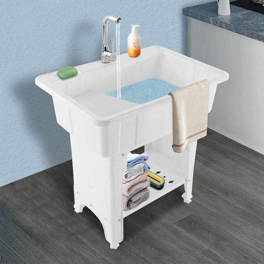 Freestanding Plastic Laundry Sink With Washboard, Indoor And Outdoor Utility Sink With Cold And Hot Water Faucet, Hoses And Drain Kit For Laundry Room, Garage, Basement, Garden - White - View 1