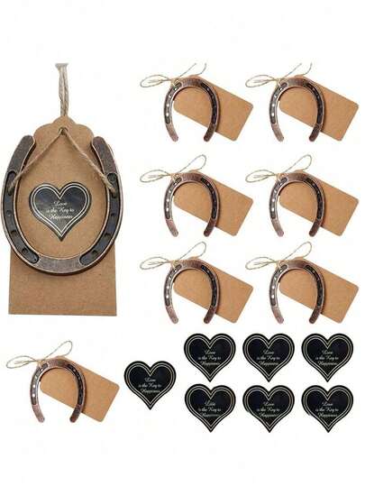 复古金属马蹄铁婚礼回礼套装，包含马蹄铁装饰品、礼品标签、牛皮纸糖果盒和缎带，乡村风格马蹄铁礼品，适合婚礼派对、肯塔基德比装饰、马蹄铁钥匙扣/钥匙圈、复古金属钥匙圈套装