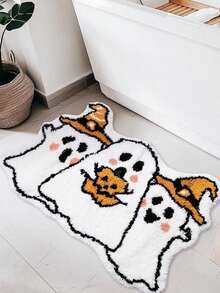 Ghost Cartoon Non-Slip Bathroom Mat, Halloween Ghost-Shaped Suede Entrance Mat, Absorbent Home Decoration Mat.