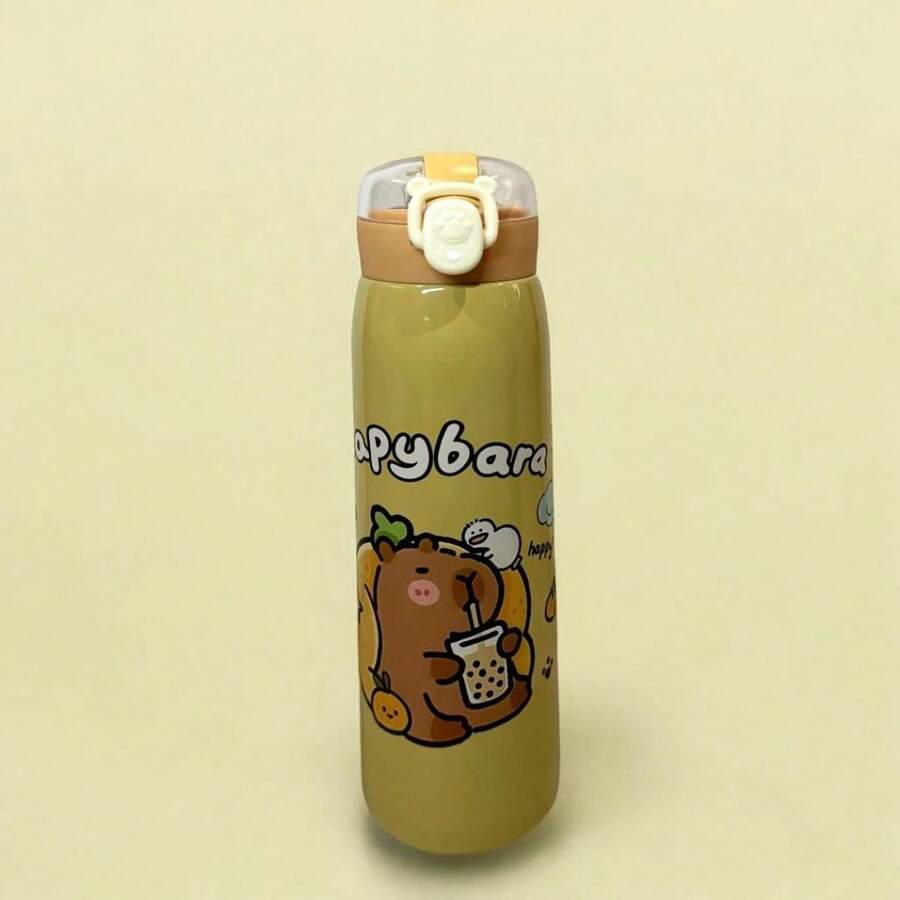 Stainless Steel Thermal Bottle With Capybara Print For Children's School With Straw And Lock 500ml - Màu be - Xem 1