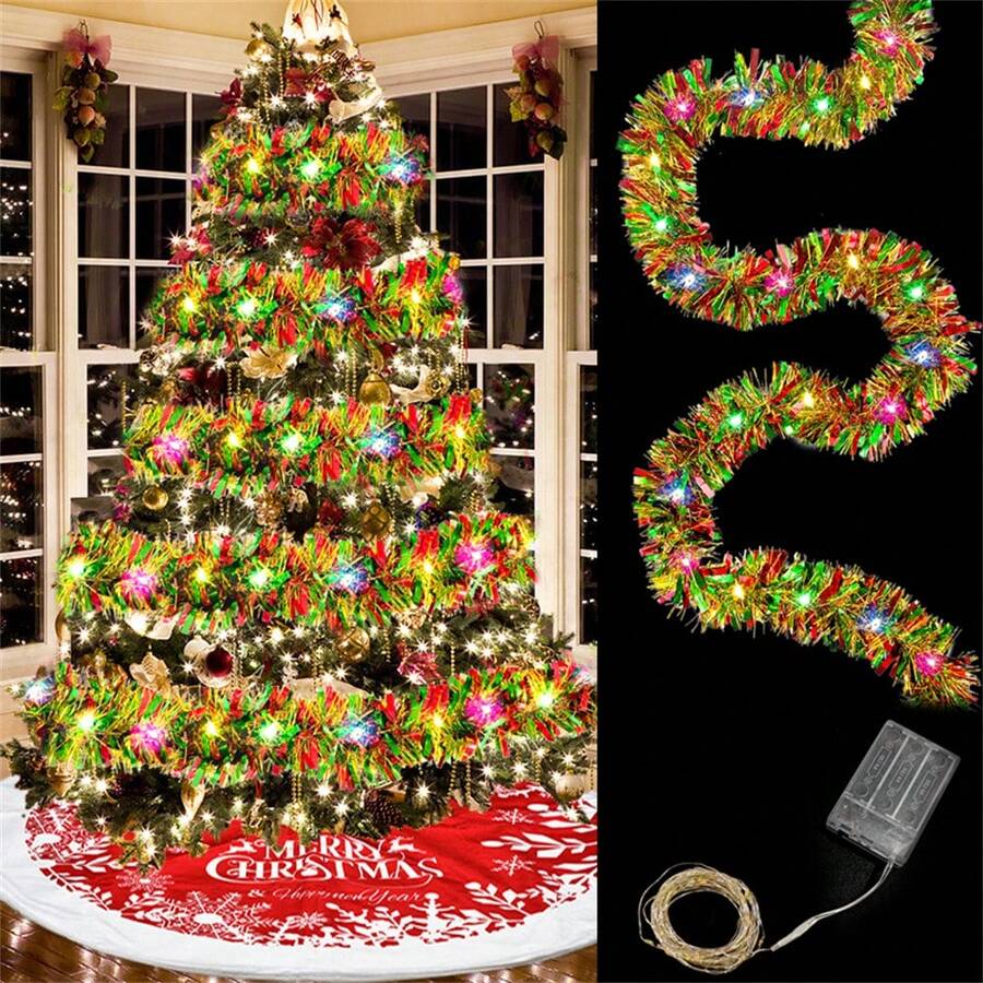 Christmas Tinsel Garland Indoor String Lights Christmas Foil Garland Suitable For Trees, Indoor Decoration, Perfect For Weddings And Holiday Celebrations New Year Decoration Holiday Decor Party Venue Room Decoration Ribbon Home Lighting Holiday String Lights 1pc 16ft Christmas Garland Tinsel Not Including Batteries Holiday Garland String Lights Sparkling LED Fairy Garland String Lights Festive Hanging Decoration Home Kitchen Room Decoration - Battery Box Color Strip - View 1