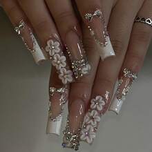 10pcs/Set Extra Large Rectangular French Embossed Rhinestone Bow Nail Stickers, Reusable, 4 Sizes Available, Suitable For Girls/Women, Actors, Stage Performance, Festivals, Parties, Weddings, Daily Wear Handmade Press On Nails - White - View 1