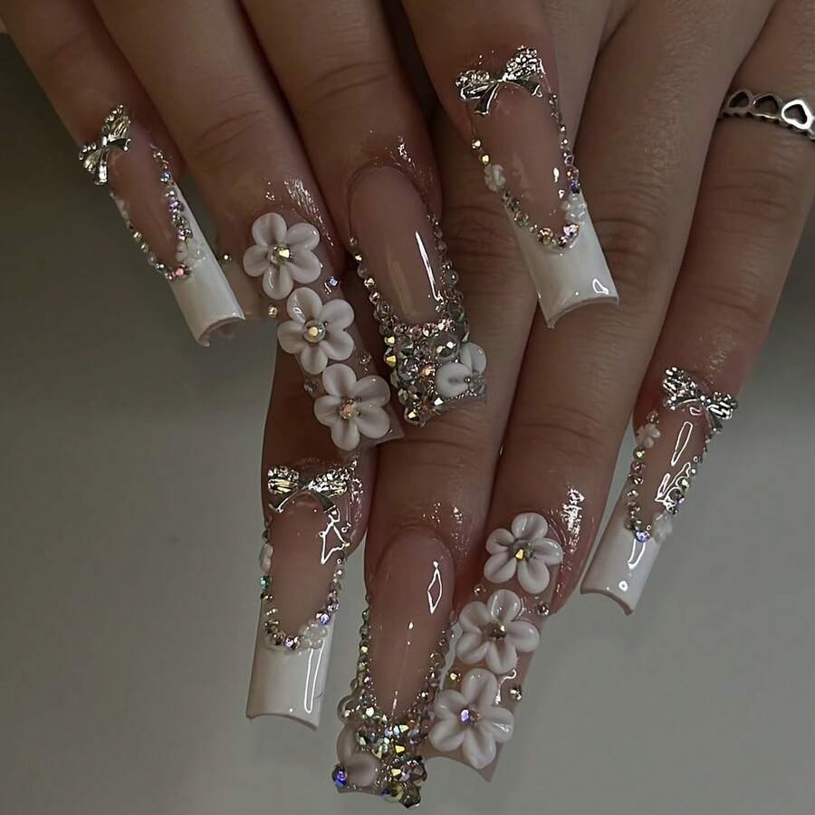 10pcs/Set Extra Large Rectangular French Embossed Rhinestone Bow Nail Stickers, Reusable, 4 Sizes Available, Suitable For Girls/Women, Actors, Stage Performance, Festivals, Parties, Weddings, Daily Wear Handmade Press On Nails - White - View 1
