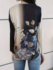 Color Block Gold Floral Print Blouse Women - Asymmetric Collar Long Sleeve Casual Top - 彩色 - 查看 3