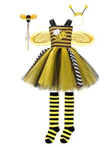 Girl Bee Costumes Contrast Tulle Cami Dress Striped Stockings Wings Magic Wand And Headband Halloween Cosplay Set - 黃色 - 查看 6