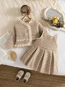 秋冬女宝宝优雅荷叶边卡其色千鸟格复古夹克和卡其色褶皱围裙法式连衣裙
