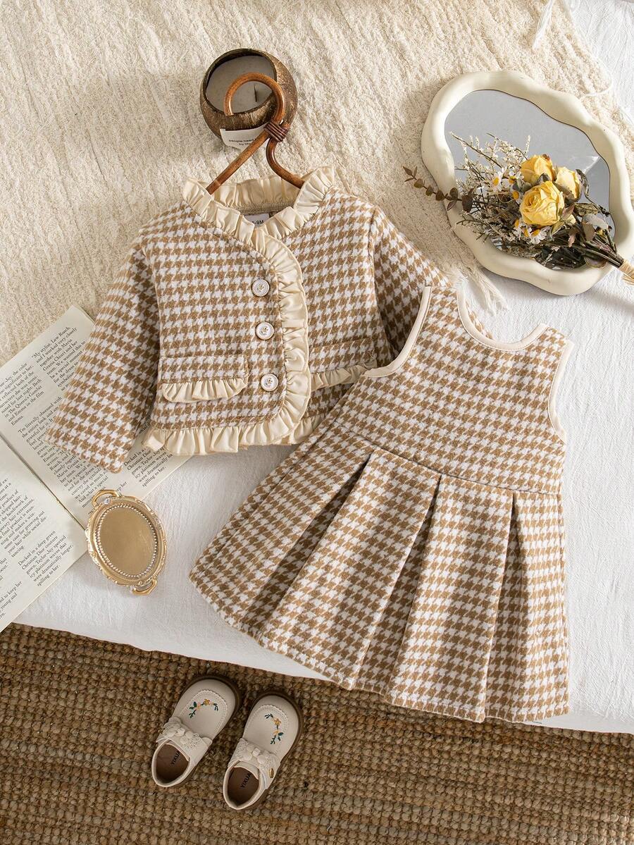 秋冬女宝宝优雅荷叶边卡其色千鸟格复古夹克和卡其色褶皱围裙法式连衣裙