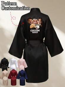 1 PC Custom Long Robe, Three-Quarter Sleeves, Women's Bathrobe Style Sleepwear, Short Nightwear, Sexy Spring And Summer Casual Kimono Style, Elegant, Soft, Shiny, Lightweight Printed Sleepwear, Valentine's Day Wedding Anniversary Gift., Winter