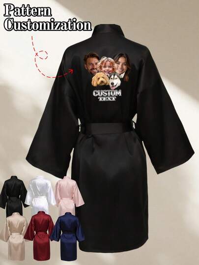 1 PC Custom Long Robe, Three-Quarter Sleeves, Women's Bathrobe Style Sleepwear, Short Nightwear, Sexy Spring And Summer Casual Kimono Style, Elegant, Soft, Shiny, Lightweight Printed Sleepwear, Valentine's Day Wedding Anniversary Gift., Winter