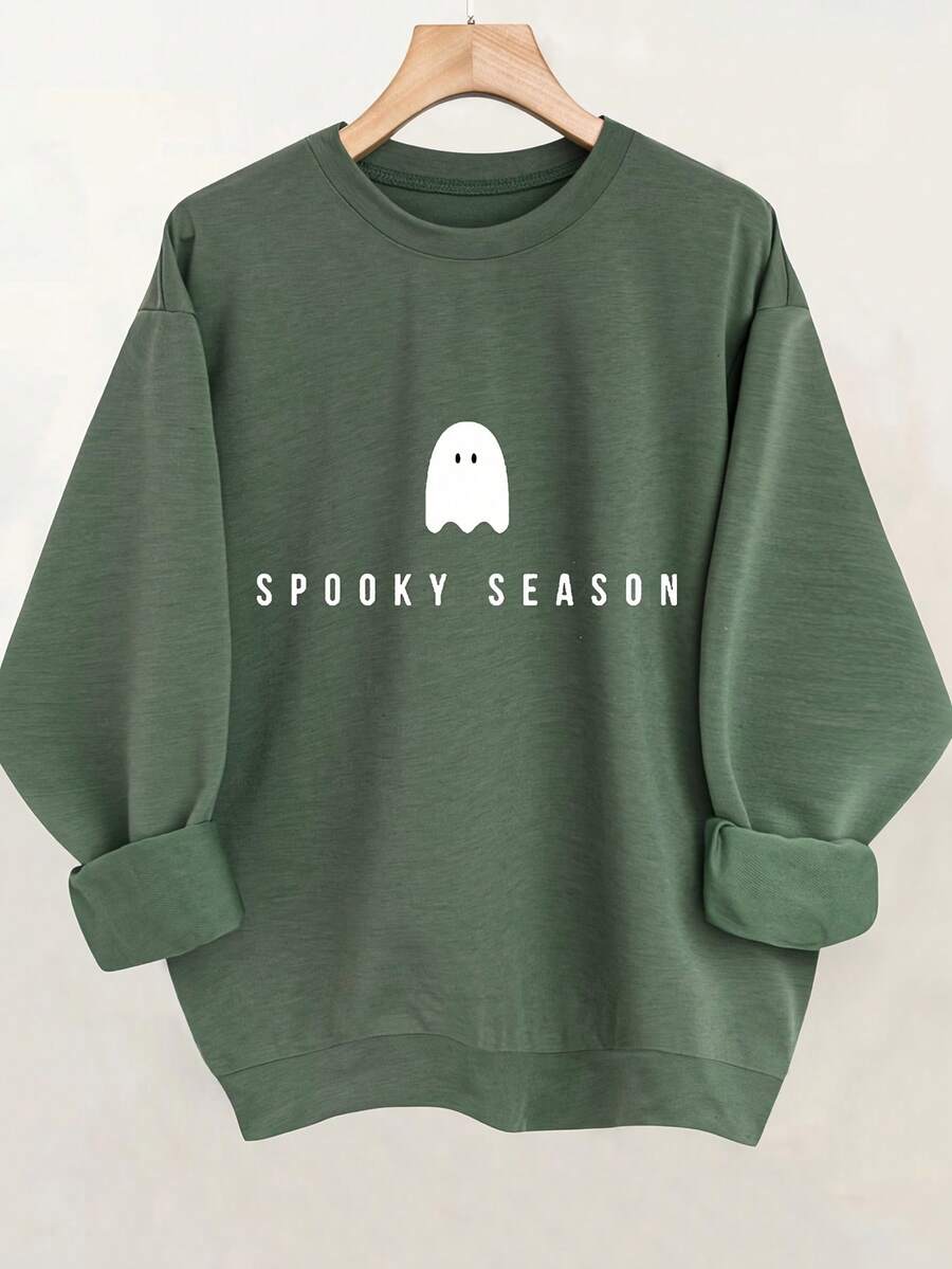 Áo nỉ dài tay cổ tròn cỡ lớn in họa tiết Halloween thường ngày dành cho nữ - màu xanh lá - Xem 1
