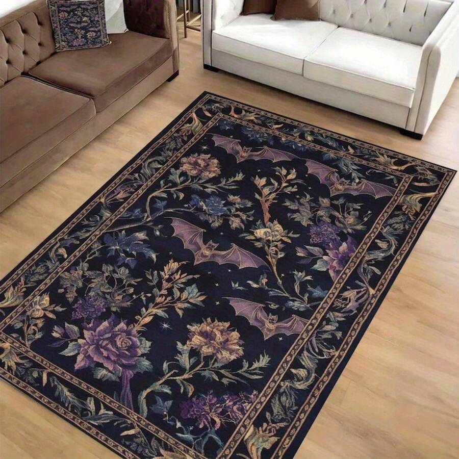 1 Piece Gothic Style Floor Mat - Large Size Carpet For Living Room, Bedroom, Entrance, Courtyard - Machine Washable Indoor And Outdoor Non-Slip Bottom - Dark Floral And Bat Pattern In Purple, Gold, And Black - Halloween, Easter, St. Patrick's Day Home Decoration - Ultimate Versatile Floor Mat - Easy To Clean Gothic Style Tapestry, Living Room And Courtyard Decoration - 彩色 - 查看 1