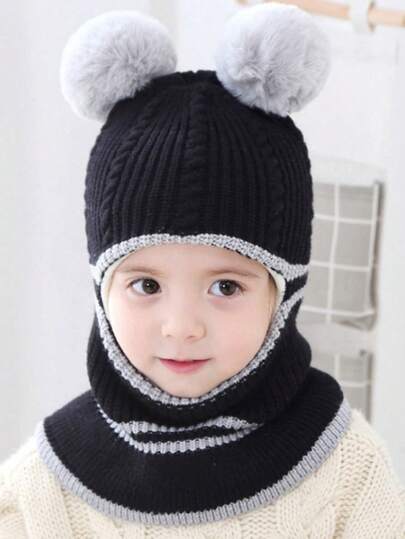 1pc Kids Plush Knitted Hat, Autumn/Winter Warm Thermal Lined Windproof Earflap Beanie Scarf Set For Boys & Girls