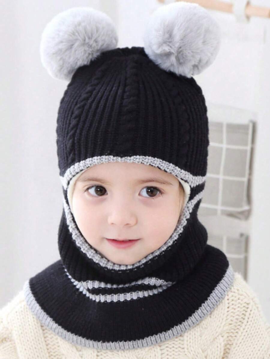 1pc Kids Plush Knitted Hat, Autumn/Winter Warm Thermal Lined Windproof Earflap Beanie Scarf Set For Boys & Girls - Black - View 1