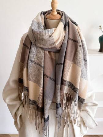 1pc Fall Winter Women Elegant Vintage Multi Color Plaid Stripe Jacquard Faux Cashmere Scarf/Shawl,With Tassels, Winter Warm Casual Thick Style Neck Scarf For Dress