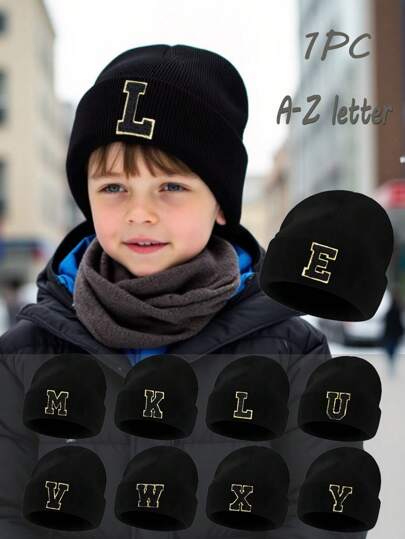 1 pieza Gorro de punto con letra A-Z para niños, gorro de punto de unicolor y cálido, adecuado para niños y niñas, apto para uso al aire diario